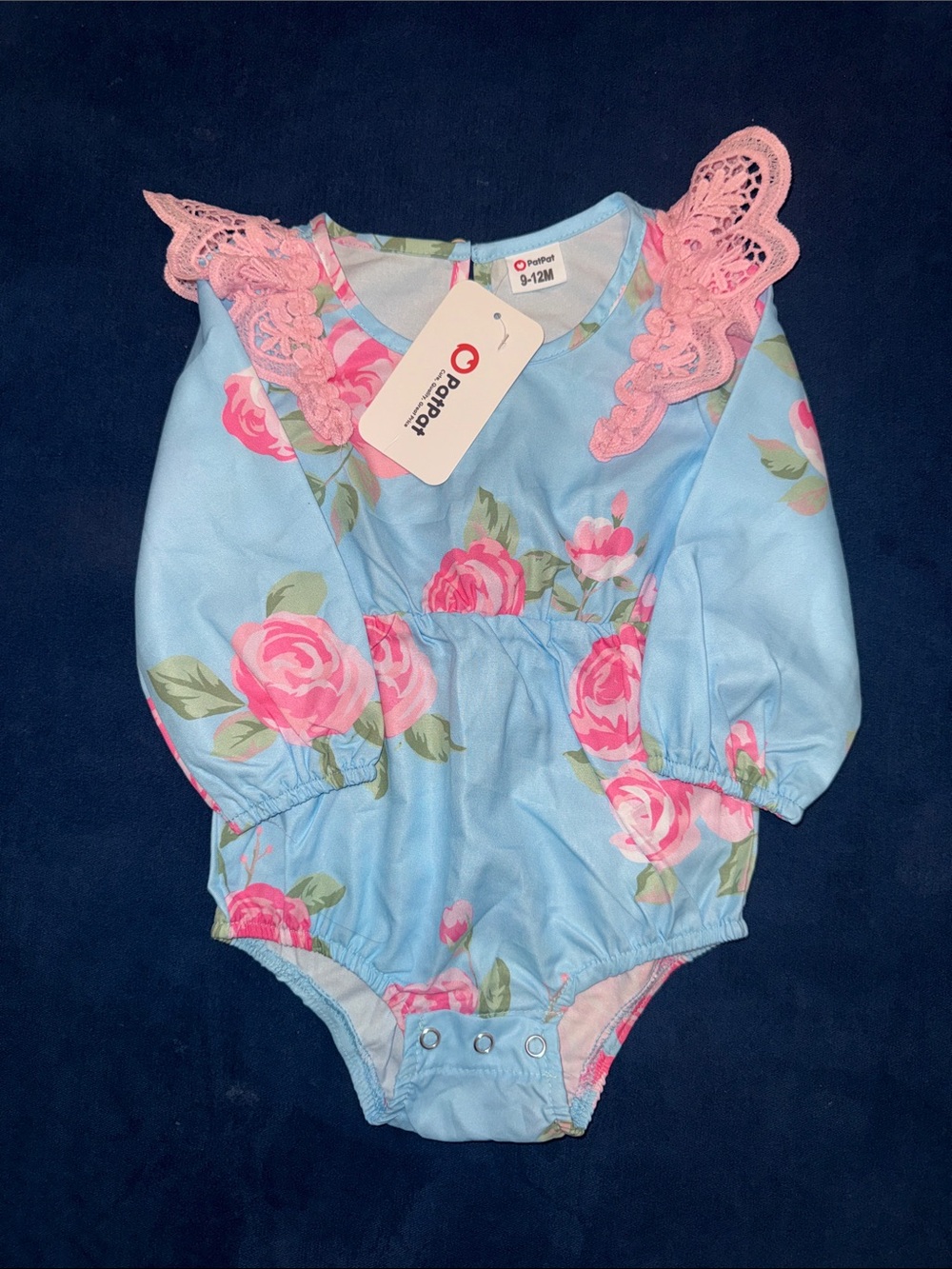 Blue Floral Lace-Trim Long-Sleeve One-Piece